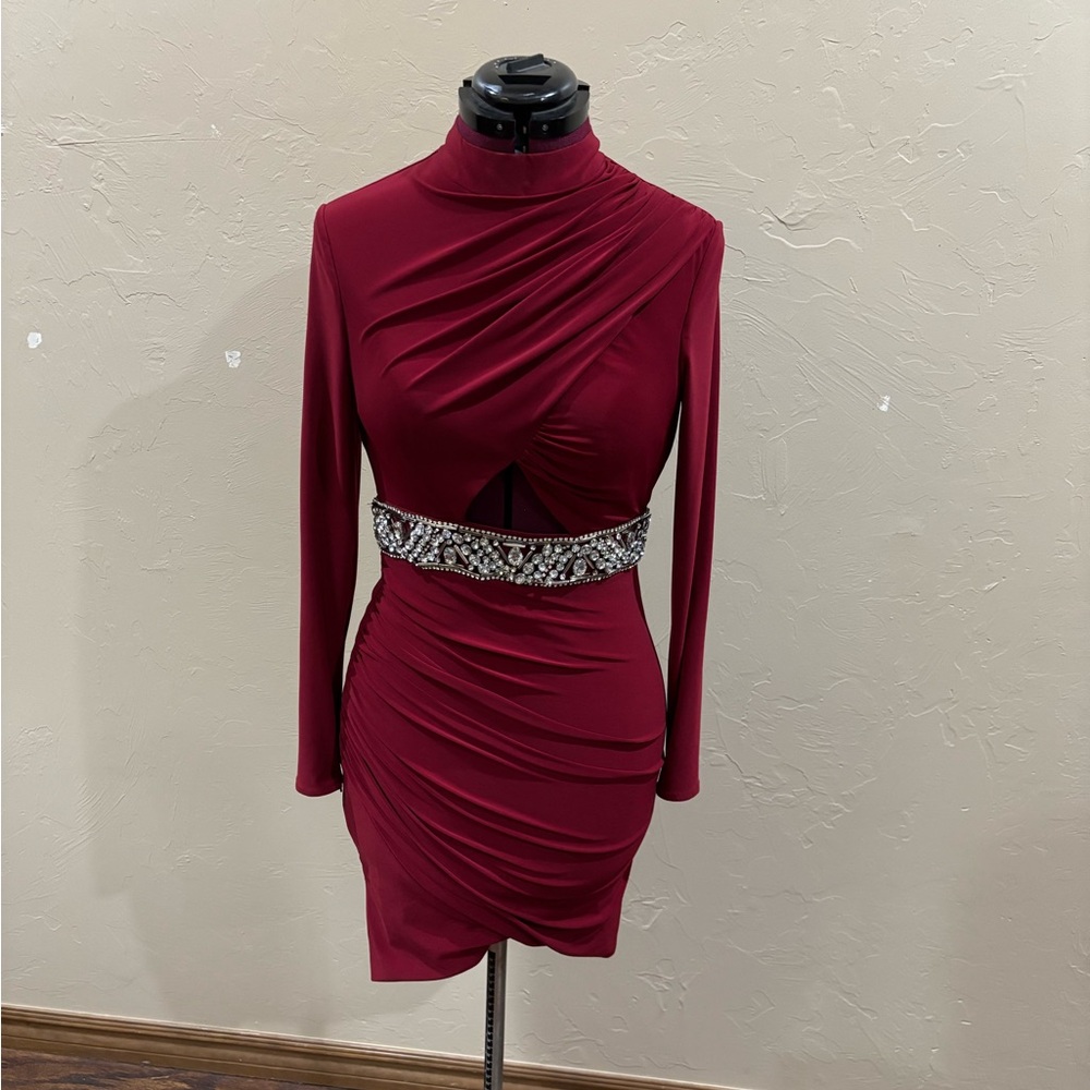 Rachel Allan Burgundy Long Sleeve Dress with Embellished Waist